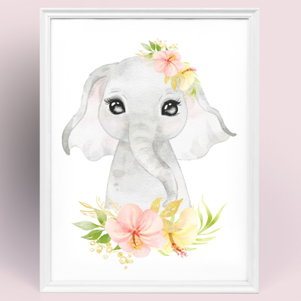 Cute Watercolor Floral Elephant Wall Art Print Poster Unframed - Picture 1 of 15